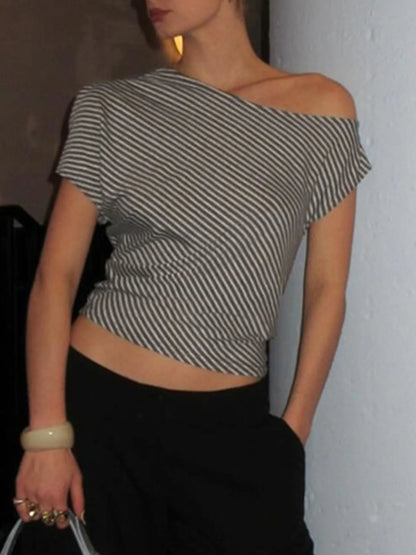 Striped Single Shoulder T-Shirt