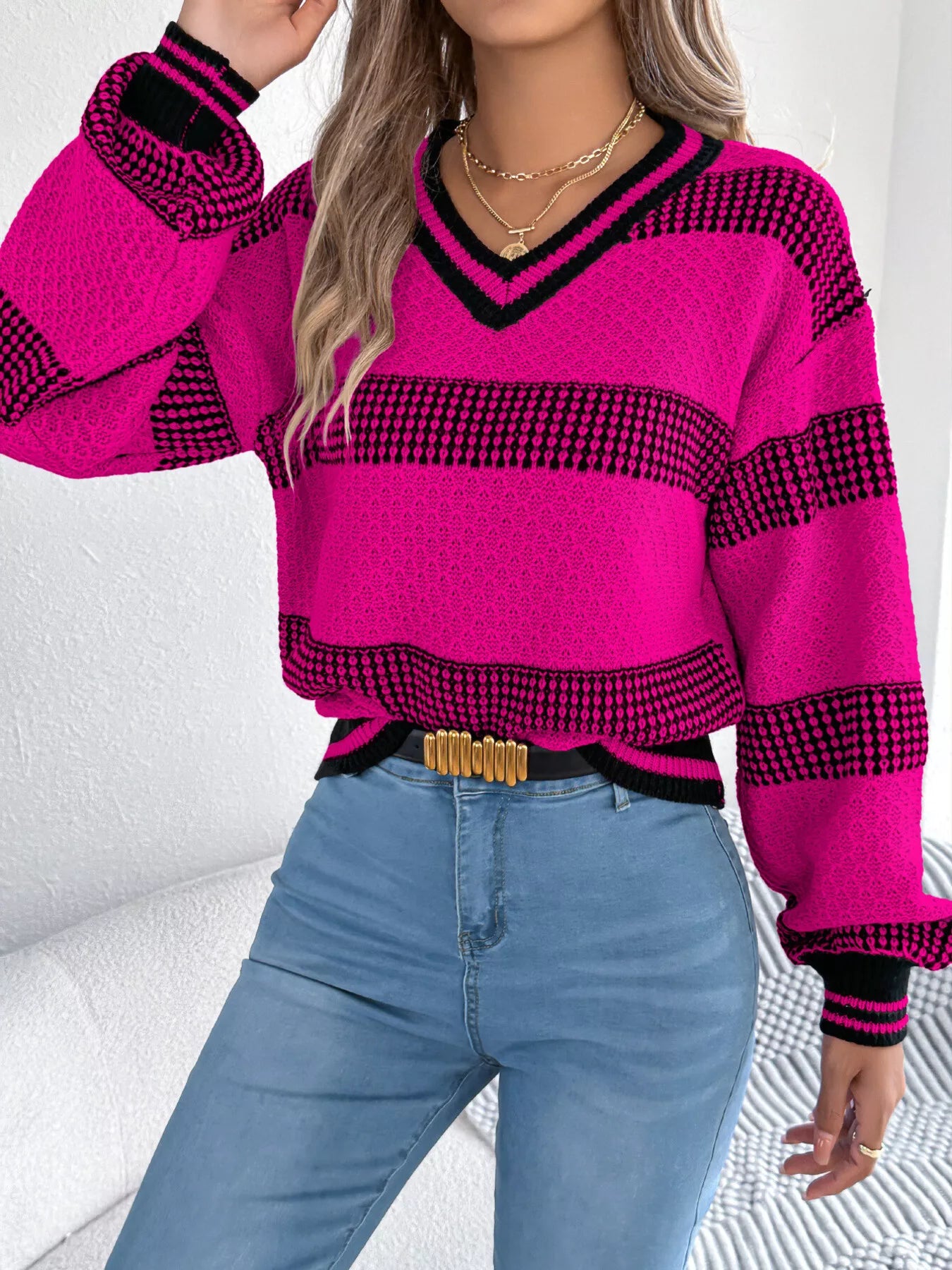 Contrast Striped V-Neck Sweater