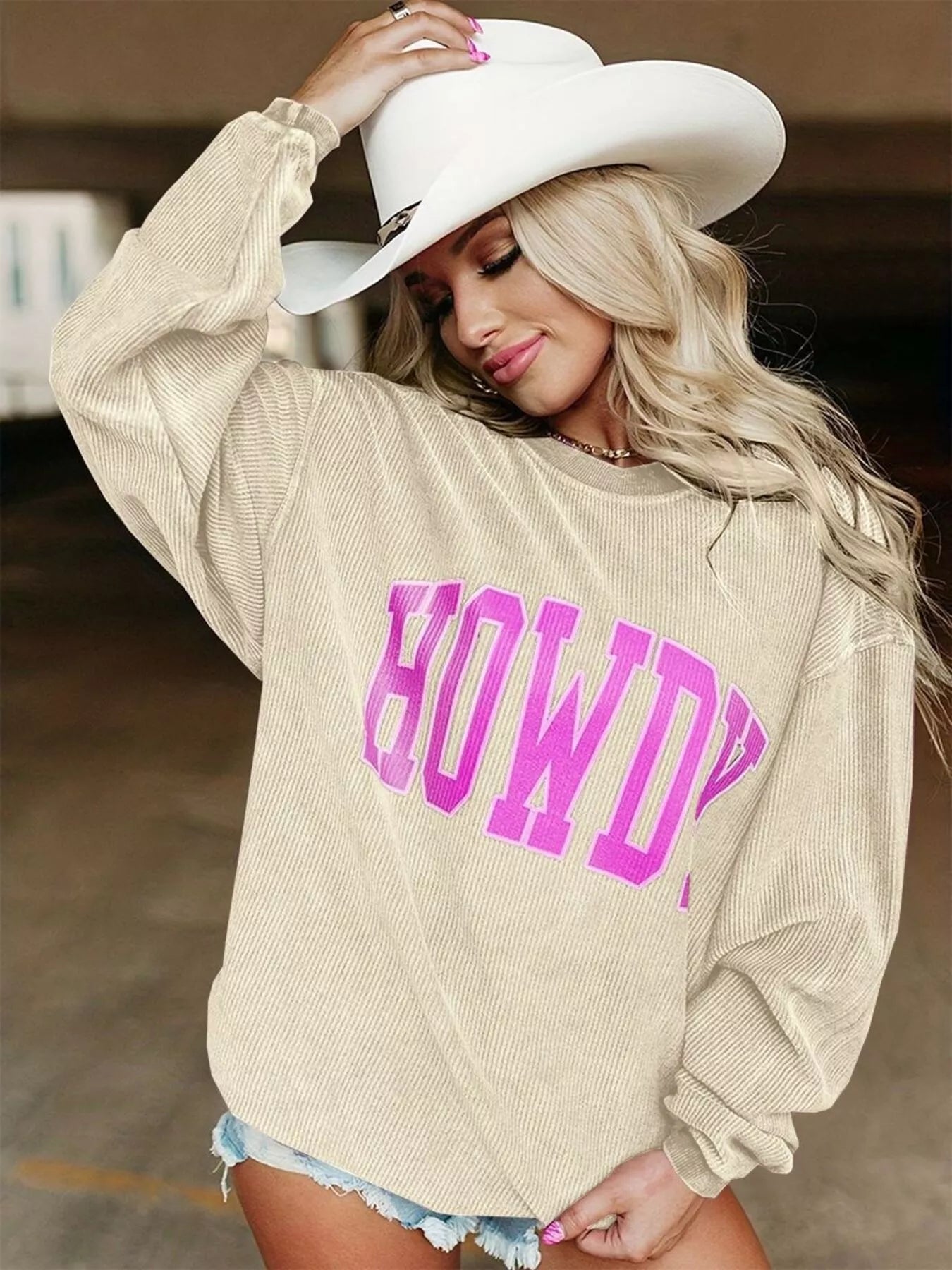 Full Size Howdy Round Neck Oversized Sweatshirt Plus Size Apricot