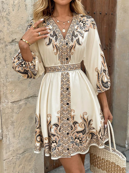 Printed Balloon Sleeve Mini Dress Cream