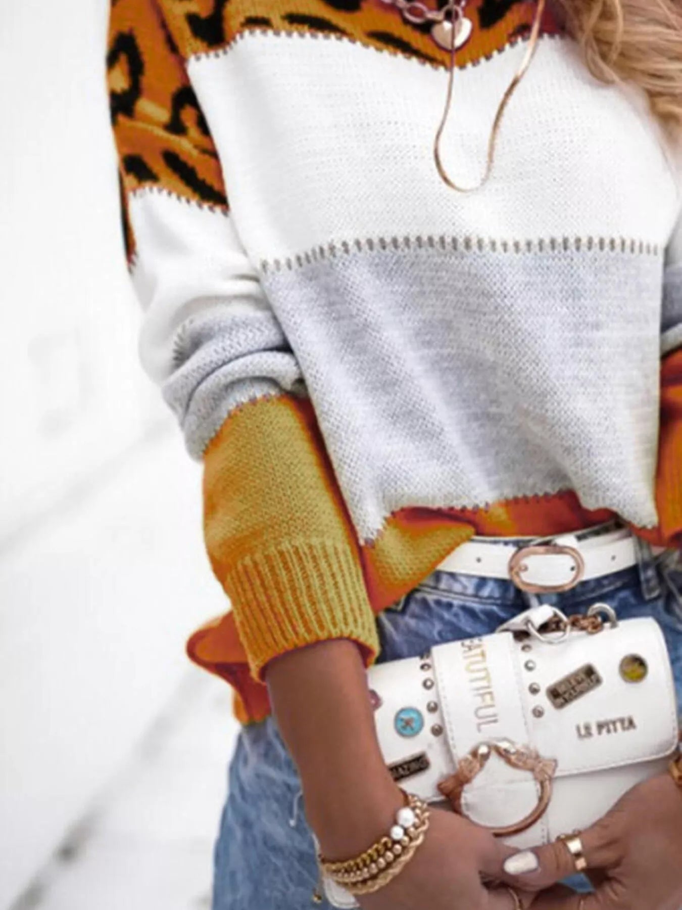 Full Size Leopard Color Block Long Sleeve Sweater Plus Size