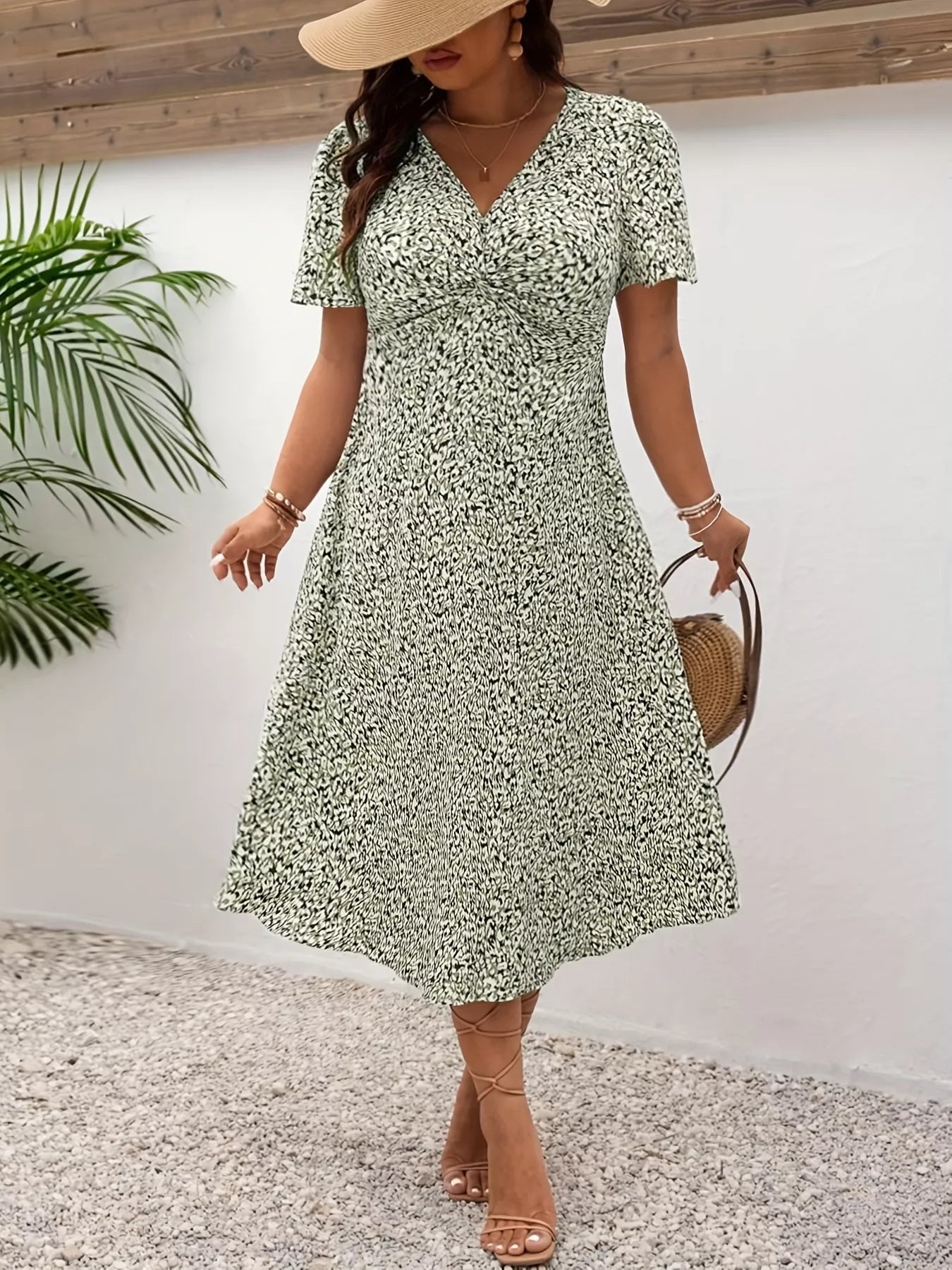 Plus Size Printed V-Neck Short Sleeve Midi Dress