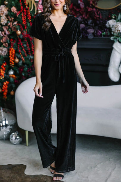Drawstring Surplice Short Sleeve Jumpsuit Black