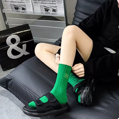 Breathable Ribbed Knit Crew Socks Dark Green One Size