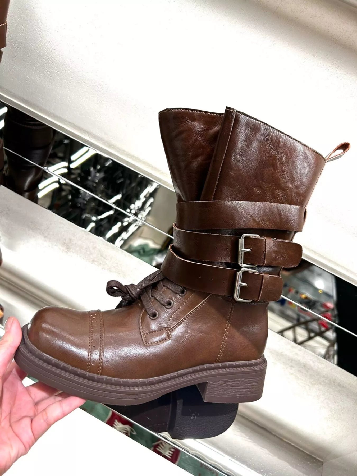 Buckled Leather Block Heel Boots Brown