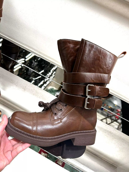 Buckled Leather Block Heel Boots Brown