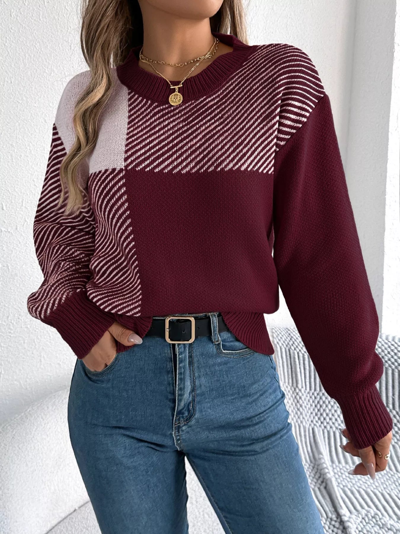 Color Block Striped Round Neck Sweater