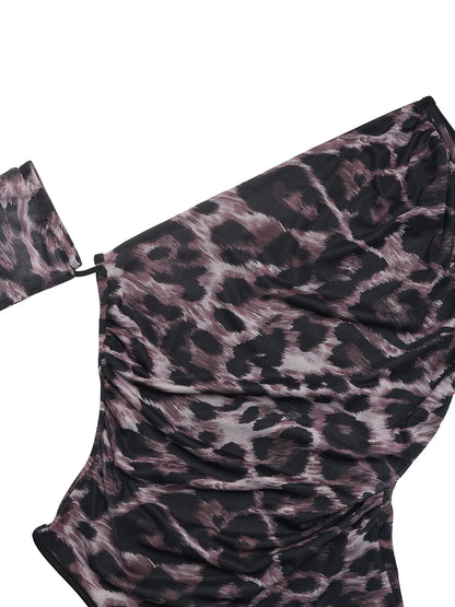 Leopard Print One Shoulder Long Sleeve Bodysuit