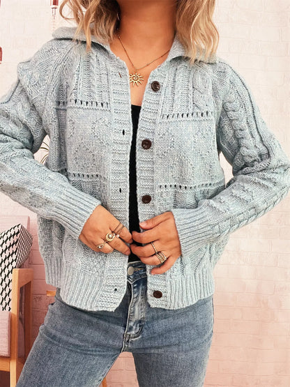 Openwork Cable Knit Button-Up Cardigan Blue One Size