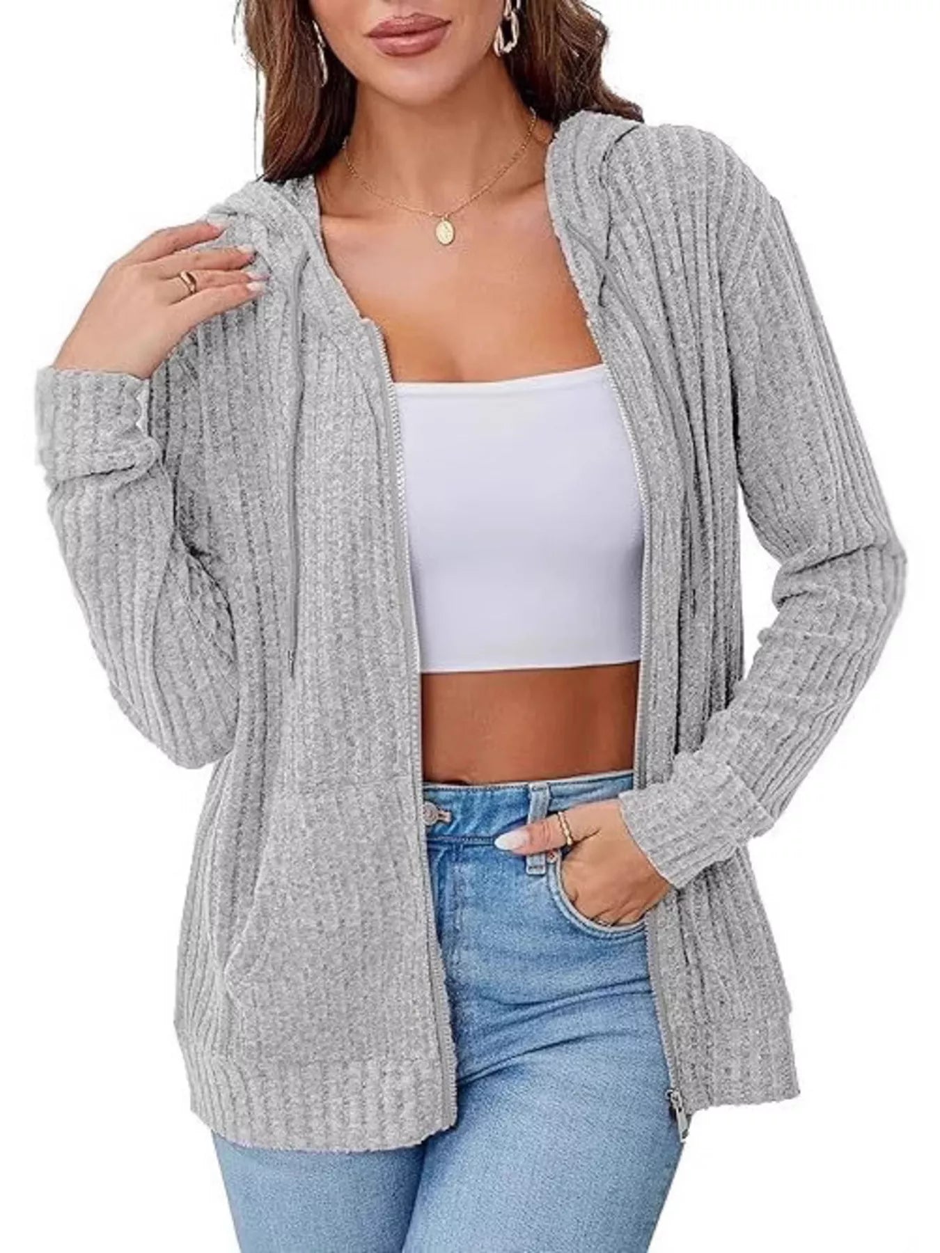 Ribbed Zip Up Hooded Outerwear