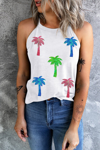Sequin Coconut Tree Round Neck Tank White