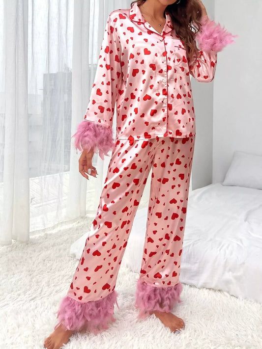 Heart Print Button Up Top and Pants Lounge Set Pink