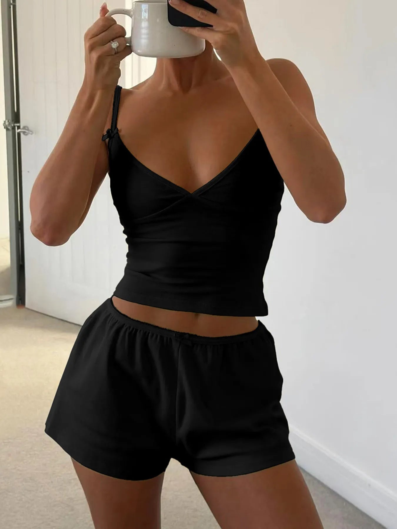 V-Neck Cami and Shorts Set Black