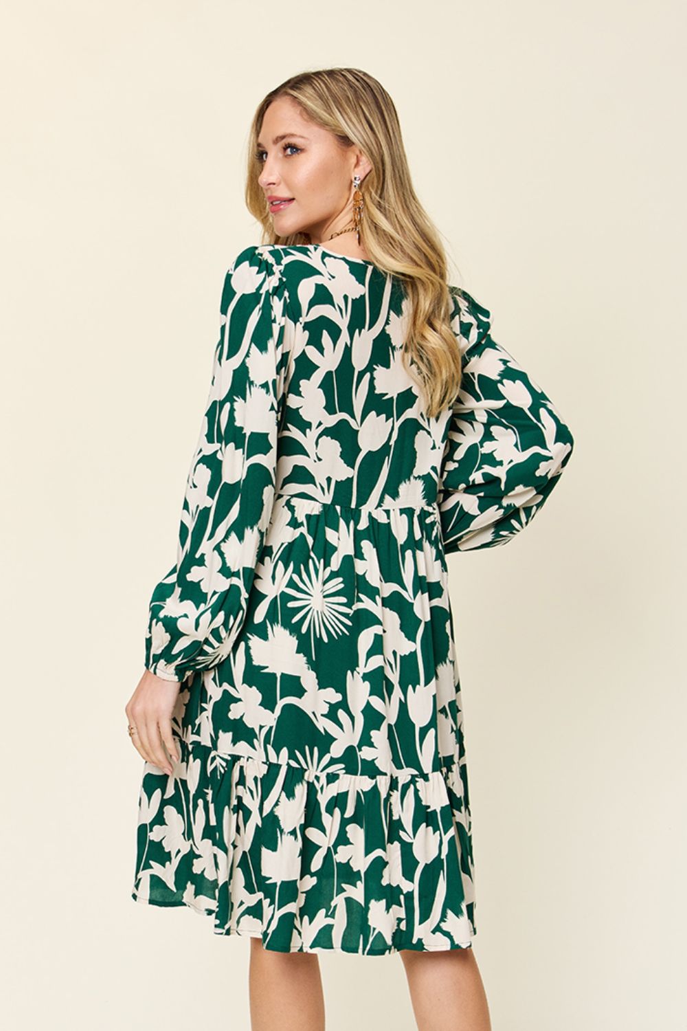 Printed Ruffle Hem Long Sleeve Rayon Dress
