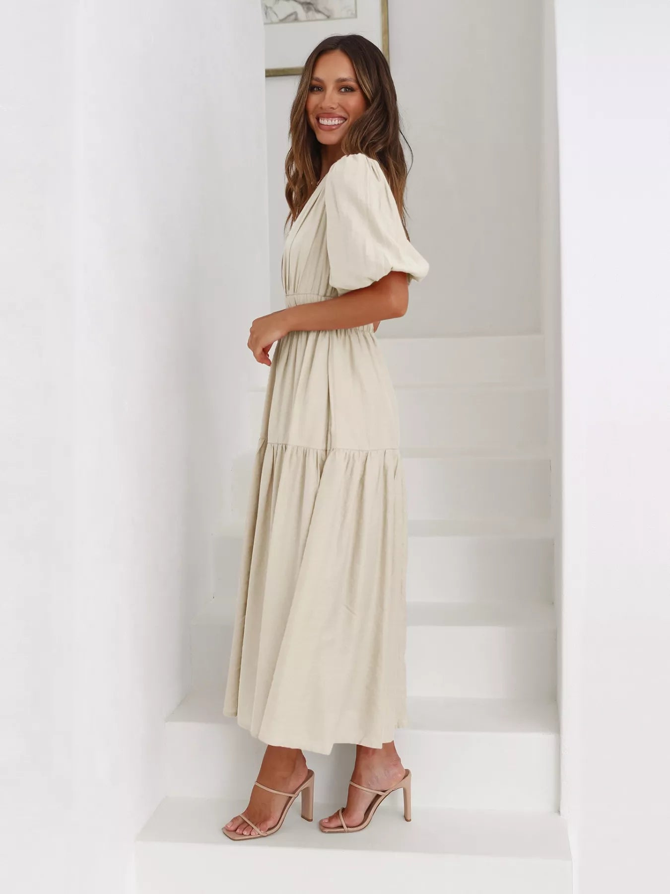 Tiered Puff Sleeve Midi Dress