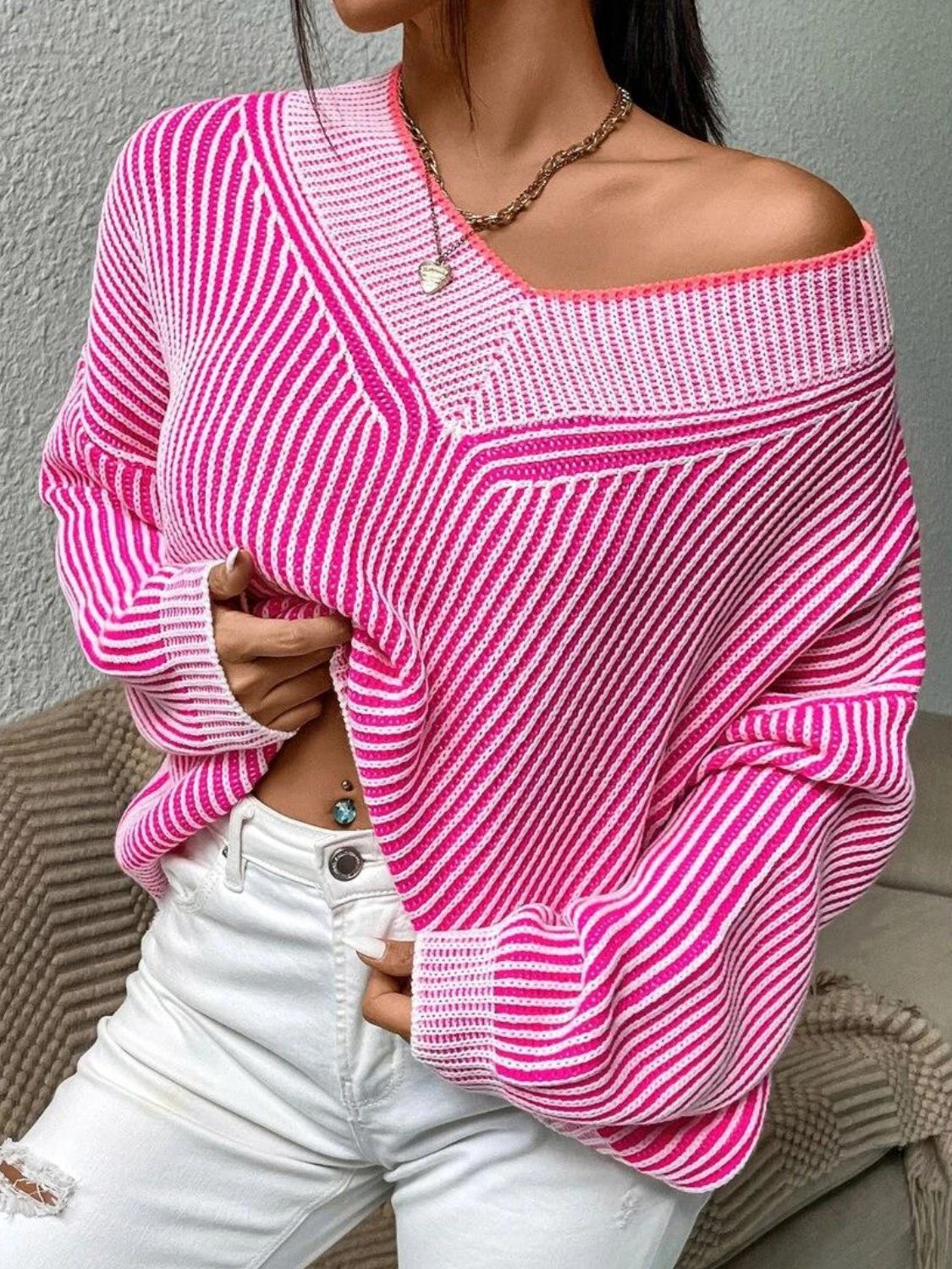 Striped V-Neck Long Sleeve Sweater Hot Pink One Size
