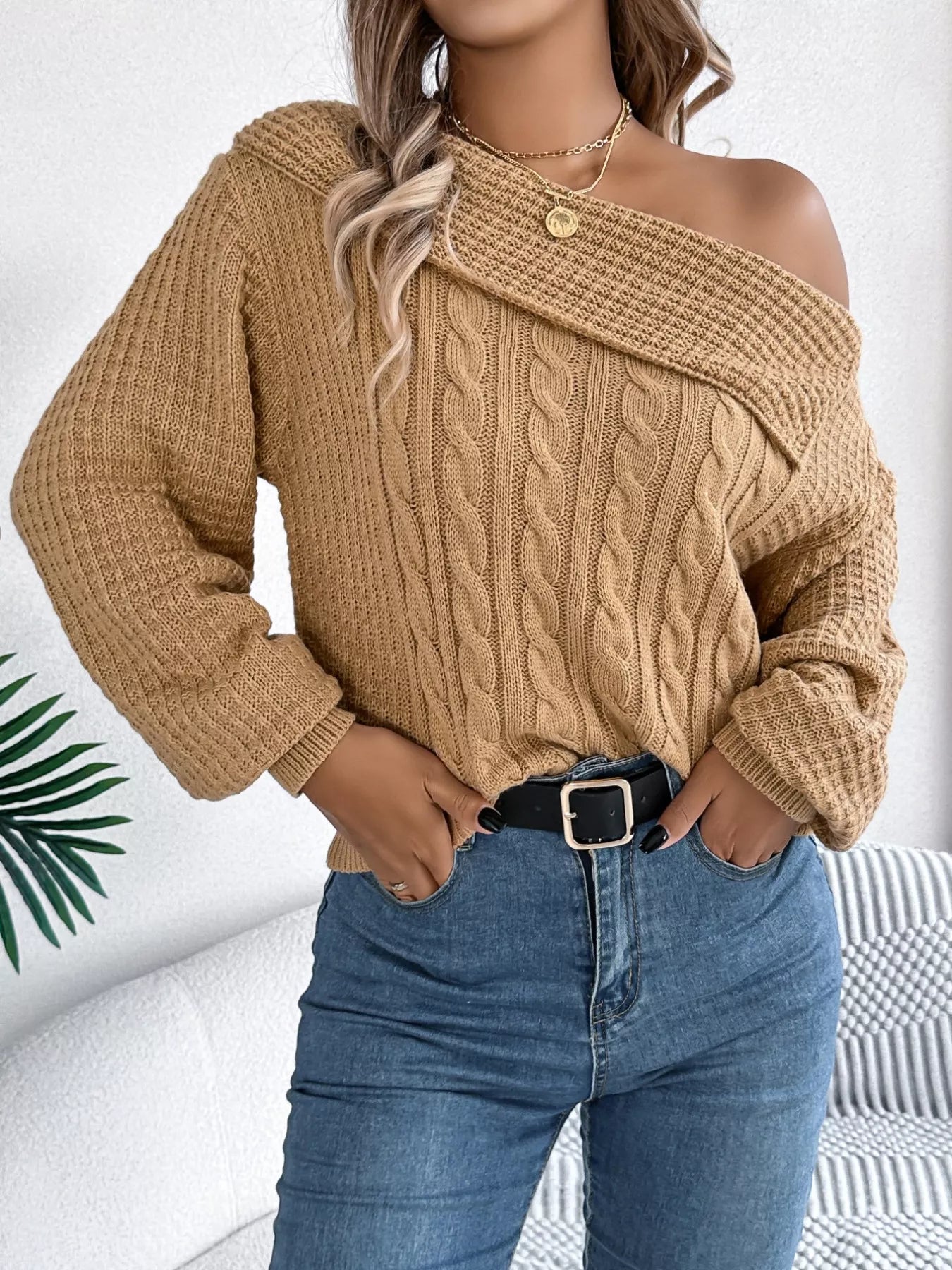 Off-Shoulder Cable Knit Sweater