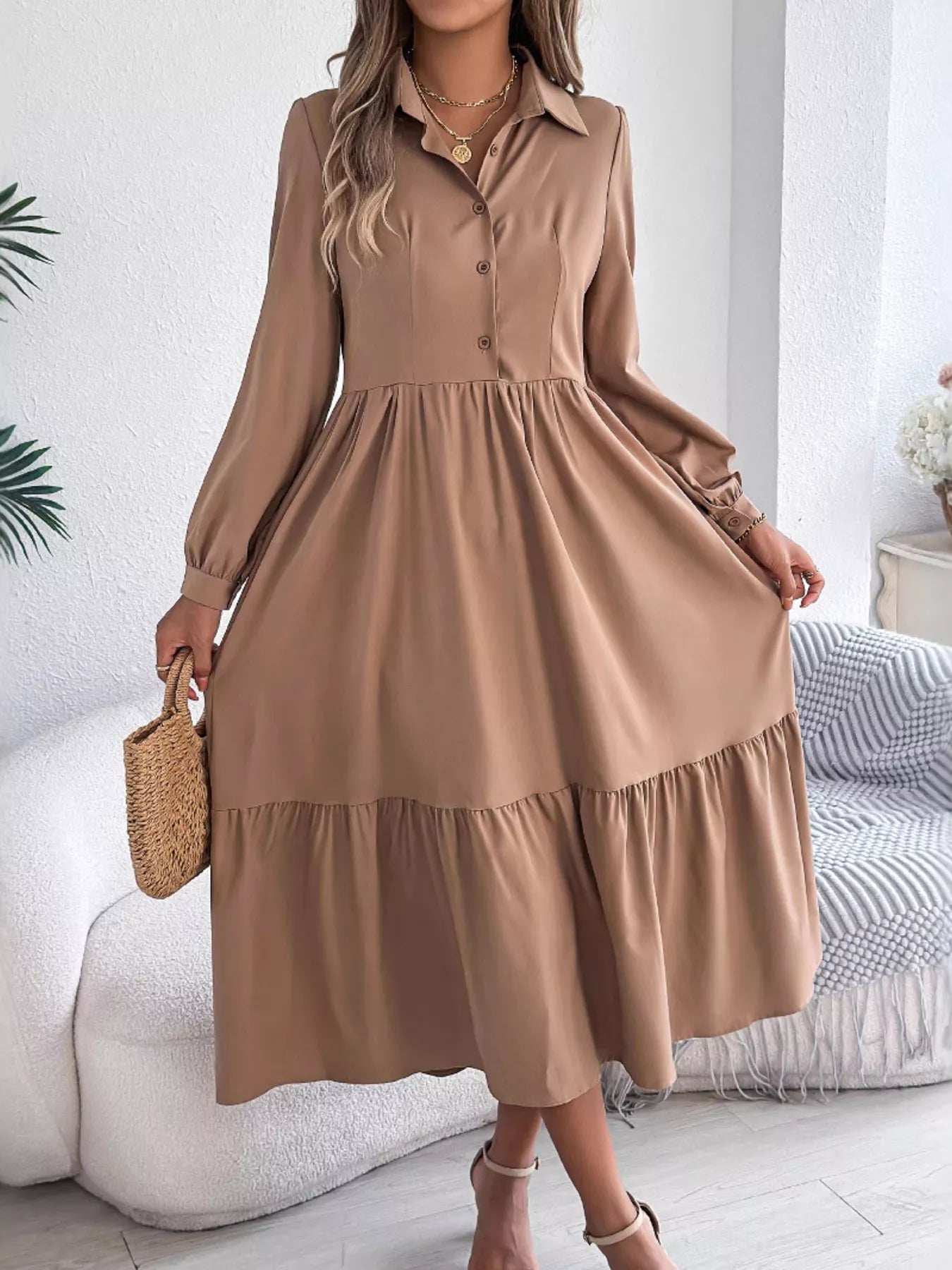 Long Sleeve Tiered Button Front Midi Dress Khaki