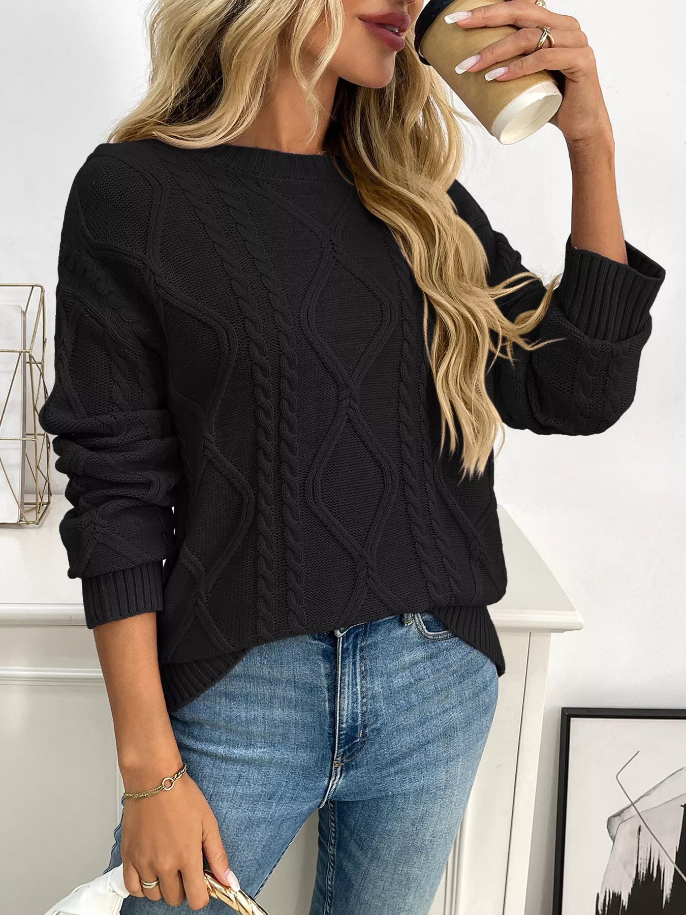 Cable Knit Round Neck Long Sleeve Sweater