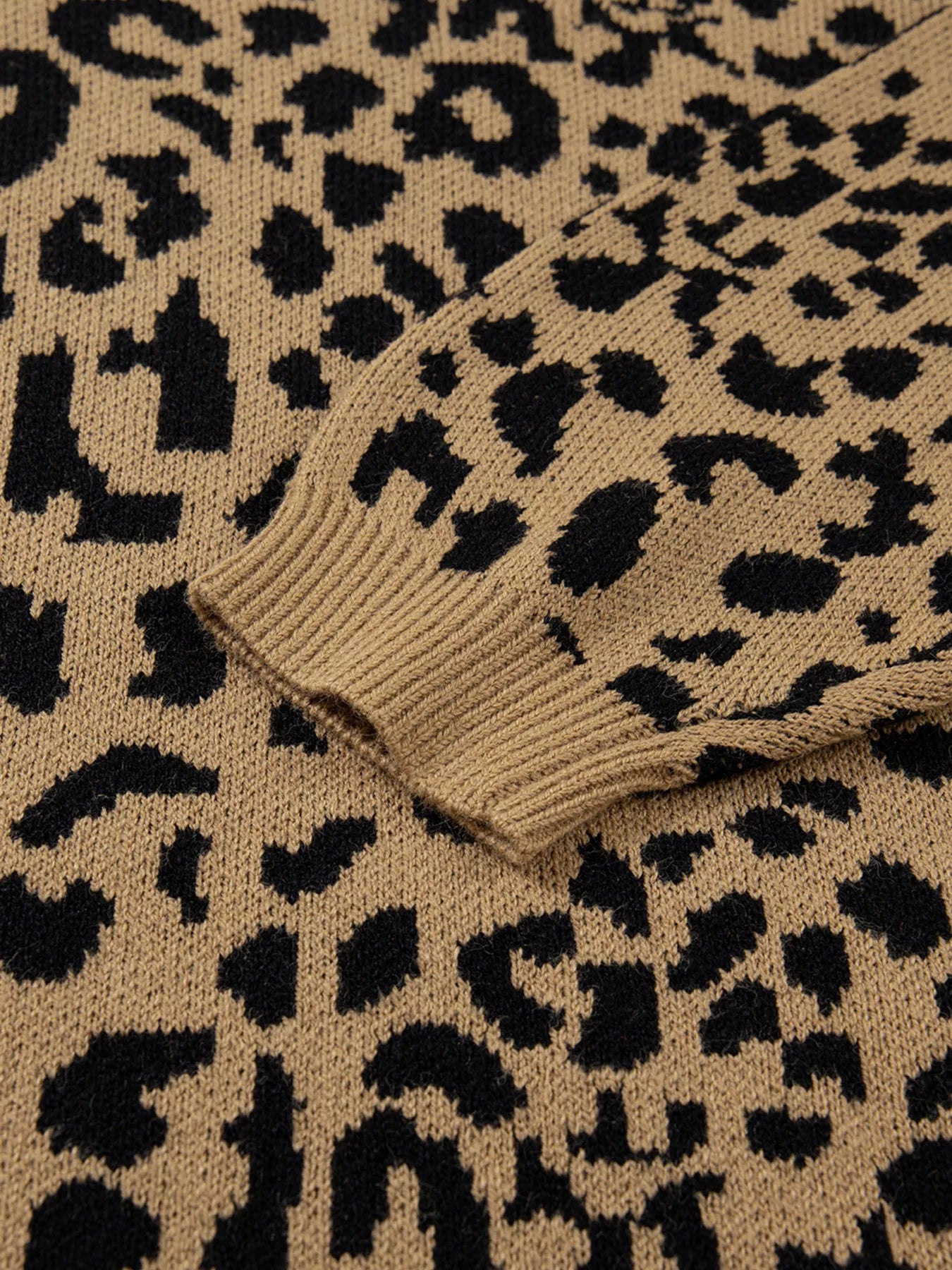 Ribbed Trim Round Neck Leopard Drop Shoulder Sweater