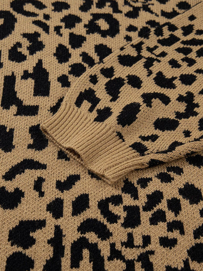 Ribbed Trim Round Neck Leopard Drop Shoulder Sweater