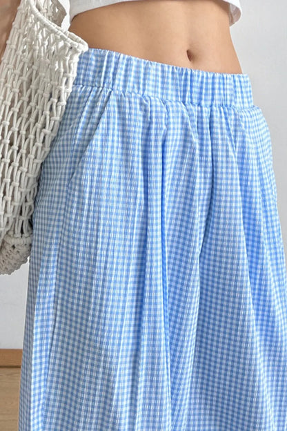 Gingham Check Wide Leg Pants Blue And White Grid