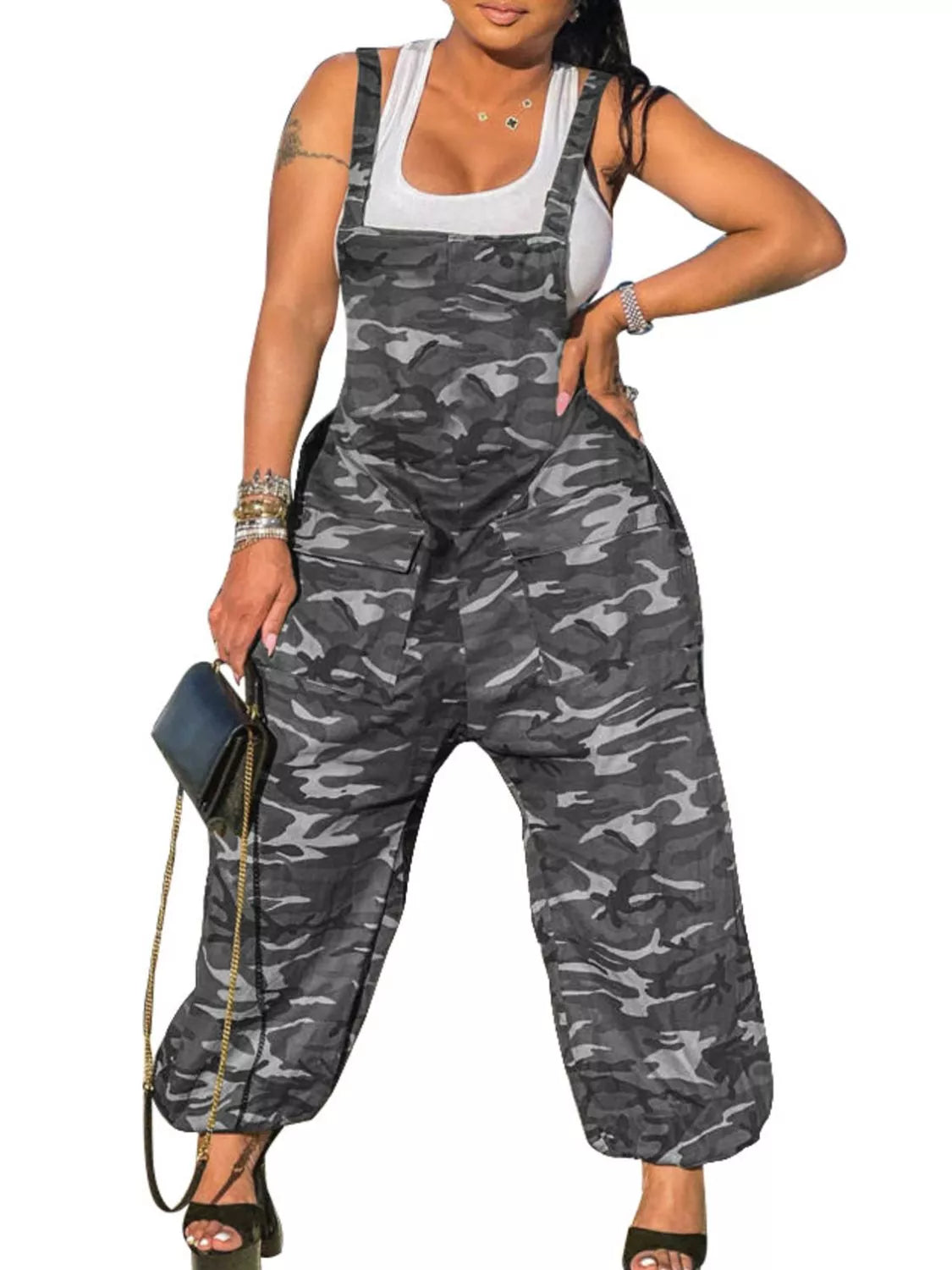 Casual Camouflage Square Neck Overalls