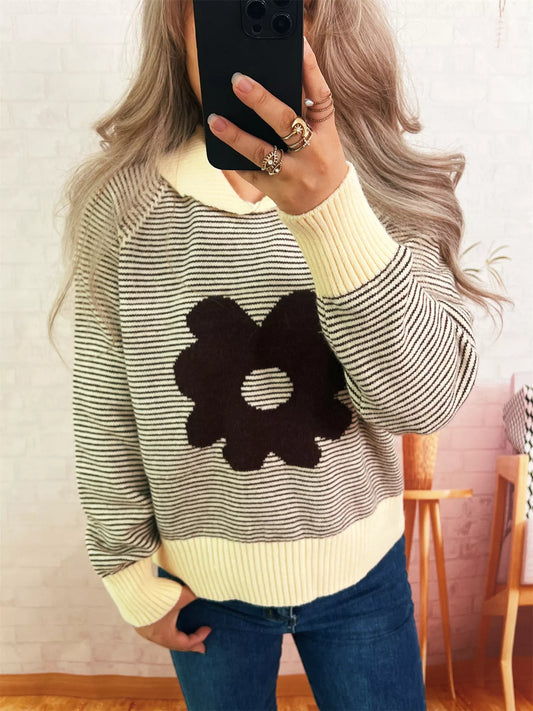 Striped Flower Raglan Sleeve Sweater Beige One Size