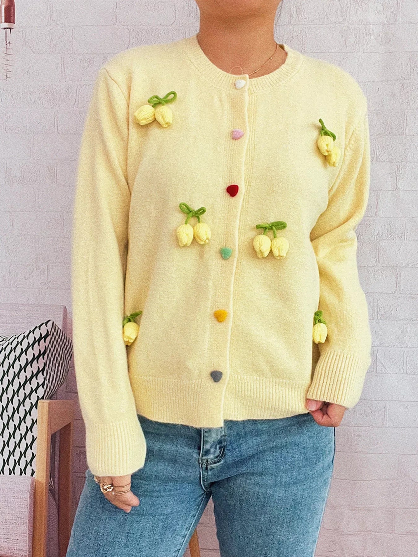 Flower Button Up Long Sleeve Cardigan Yellow One Size