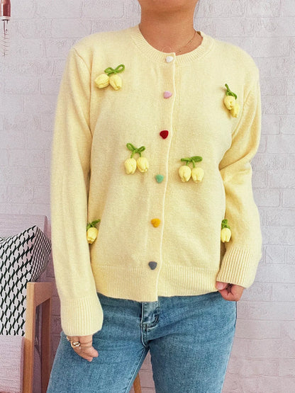 Flower Button Up Long Sleeve Cardigan Yellow One Size
