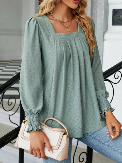 Pleated Square Neck Long Sleeve Top