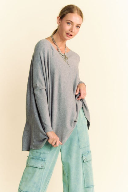 Back To School Sweater - Davi & Dani Round Neck Dropped Shoulder Long Sleeve Knit Top Gray