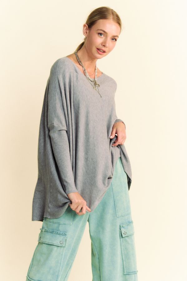 Back To School Sweater - Davi & Dani Round Neck Dropped Shoulder Long Sleeve Knit Top Gray
