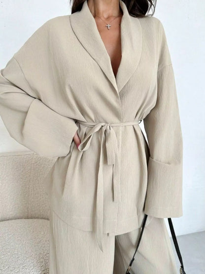 Front Tied Shirt and Wide-Leg Pants Set