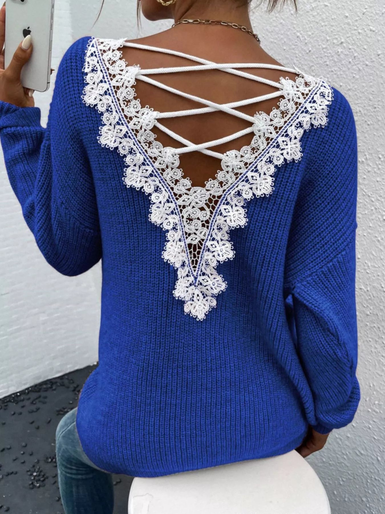 Lace-Trimmed Back V-Neck Sweater Royal Blue