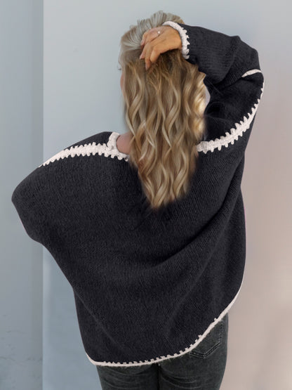 Back To School Sweater - Double Take Contrast Open Front Dropped Shoulder Cardigan