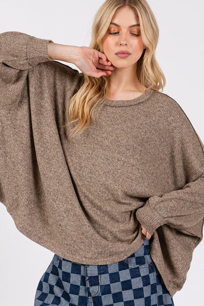 Back To School Sweater - SAGE + FIG Round Neck Batwing Sleeve Oversize Top Coffee Brown