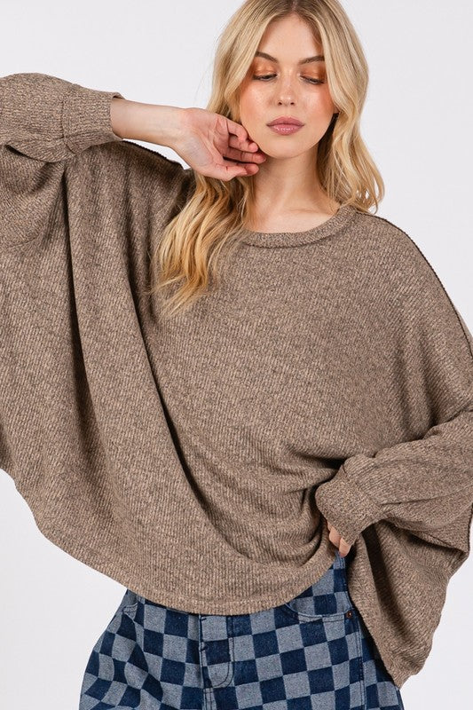 Back To School Sweater - SAGE + FIG Round Neck Batwing Sleeve Oversize Top Coffee Brown
