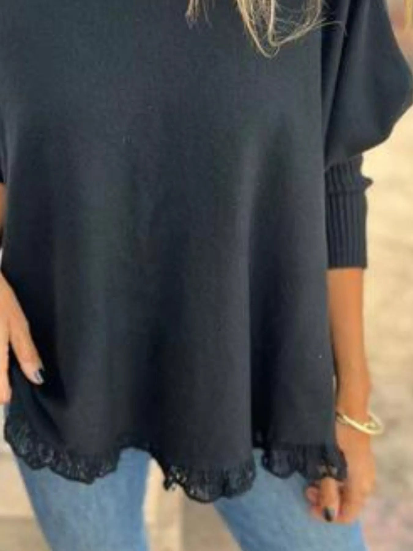 Full Size Round Neck Long Sleeve Knit Top with Lace Trim Plus Size