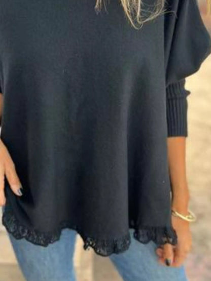 Full Size Round Neck Long Sleeve Knit Top with Lace Trim Plus Size