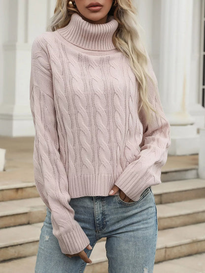 Cable Knit Turtleneck Sweater Pink