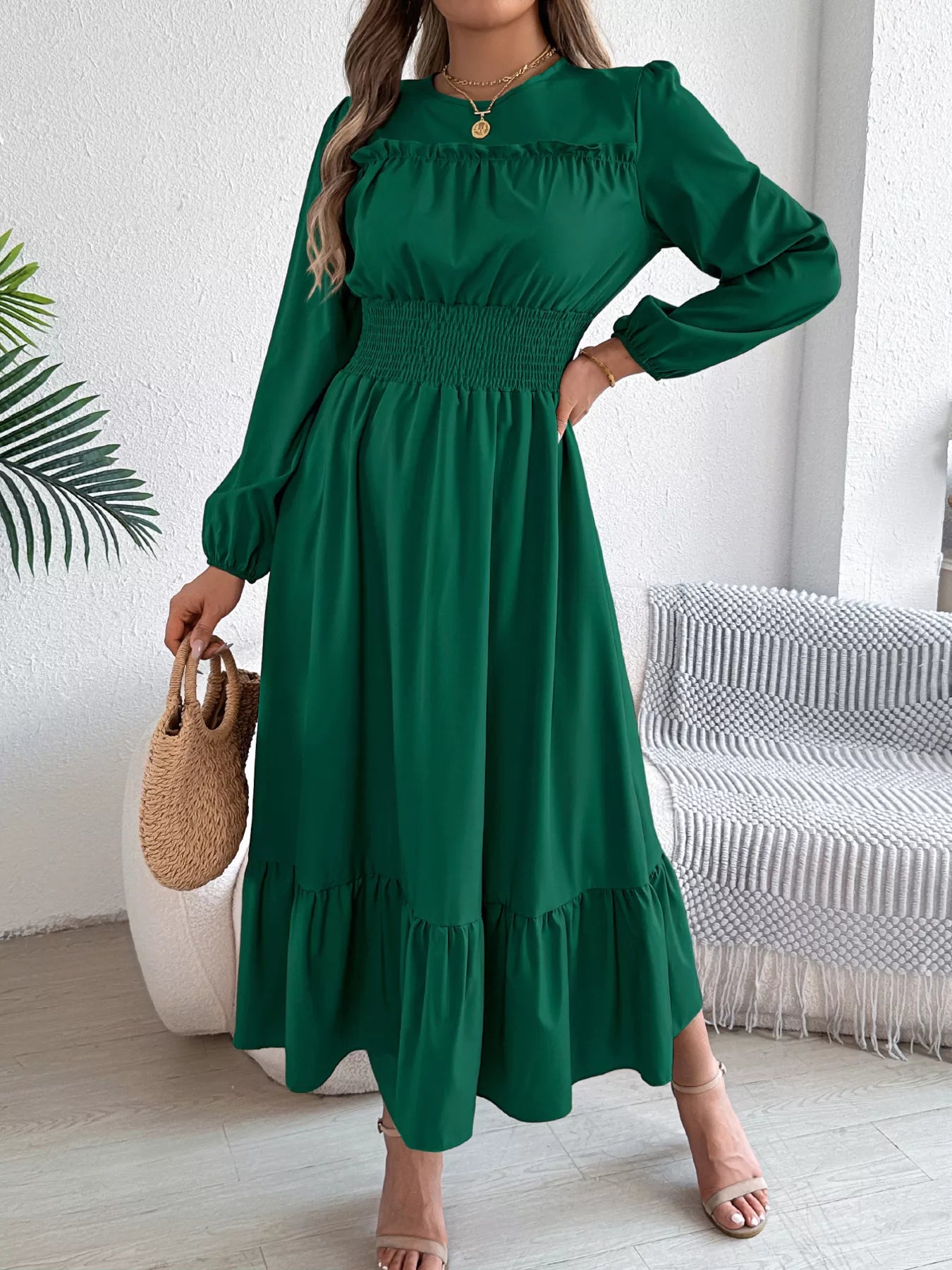 Round Neck Balloon Sleeve Tiered Dress Dark Green