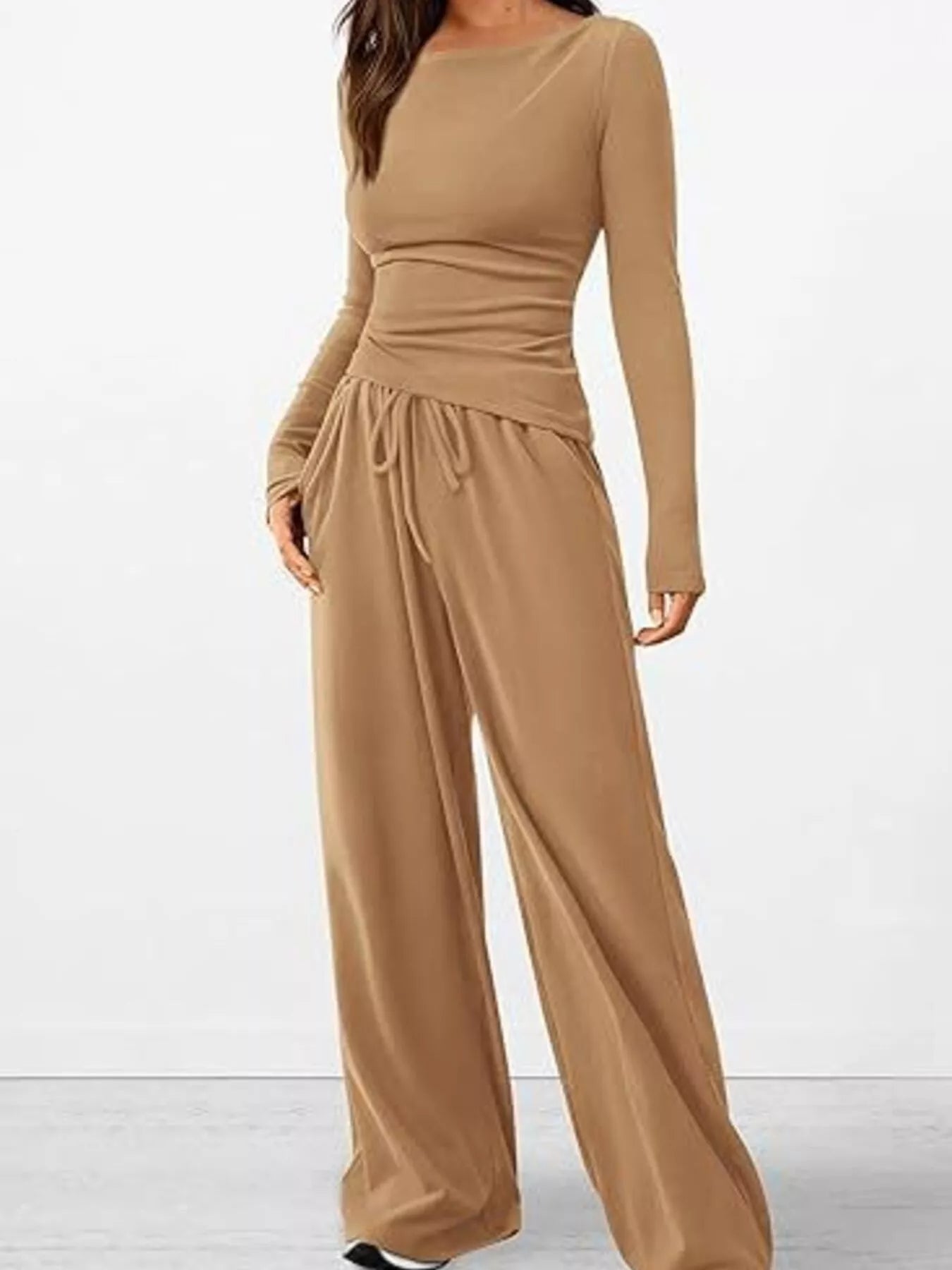 Long Sleeve Top and Wide Leg Pants Set Khaki