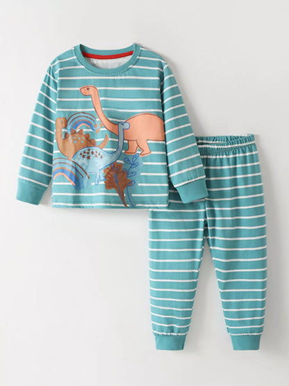 Children's Dinosaur Print Striped Pajama Set Turquoise