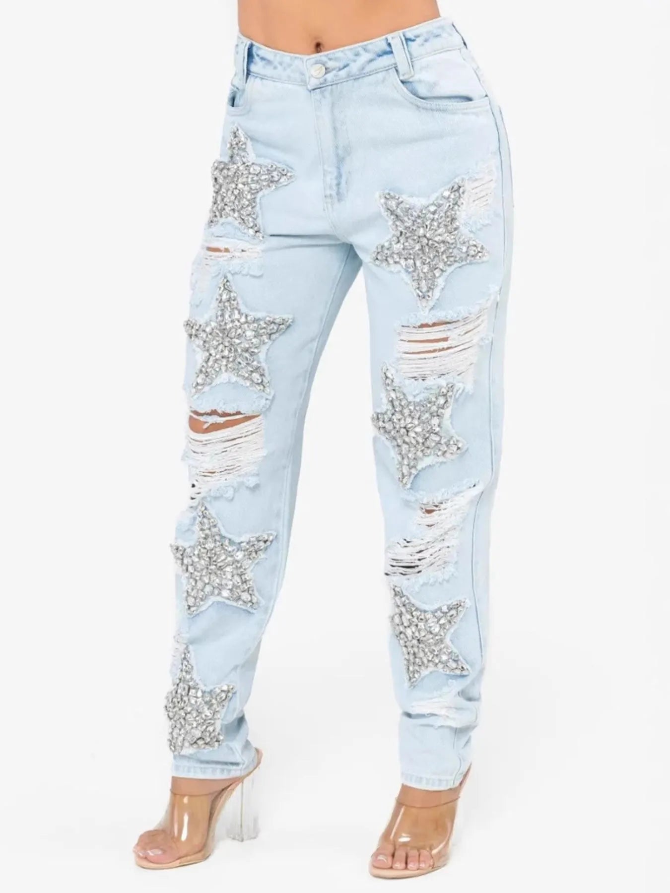 Distressed Star Wash Boyfriend Jeans Blue