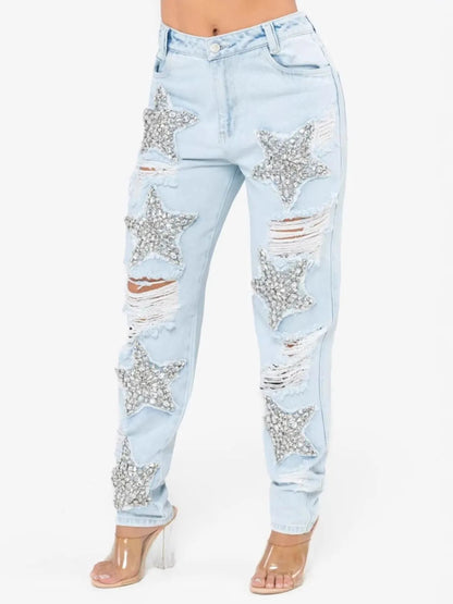 Distressed Star Wash Boyfriend Jeans Blue
