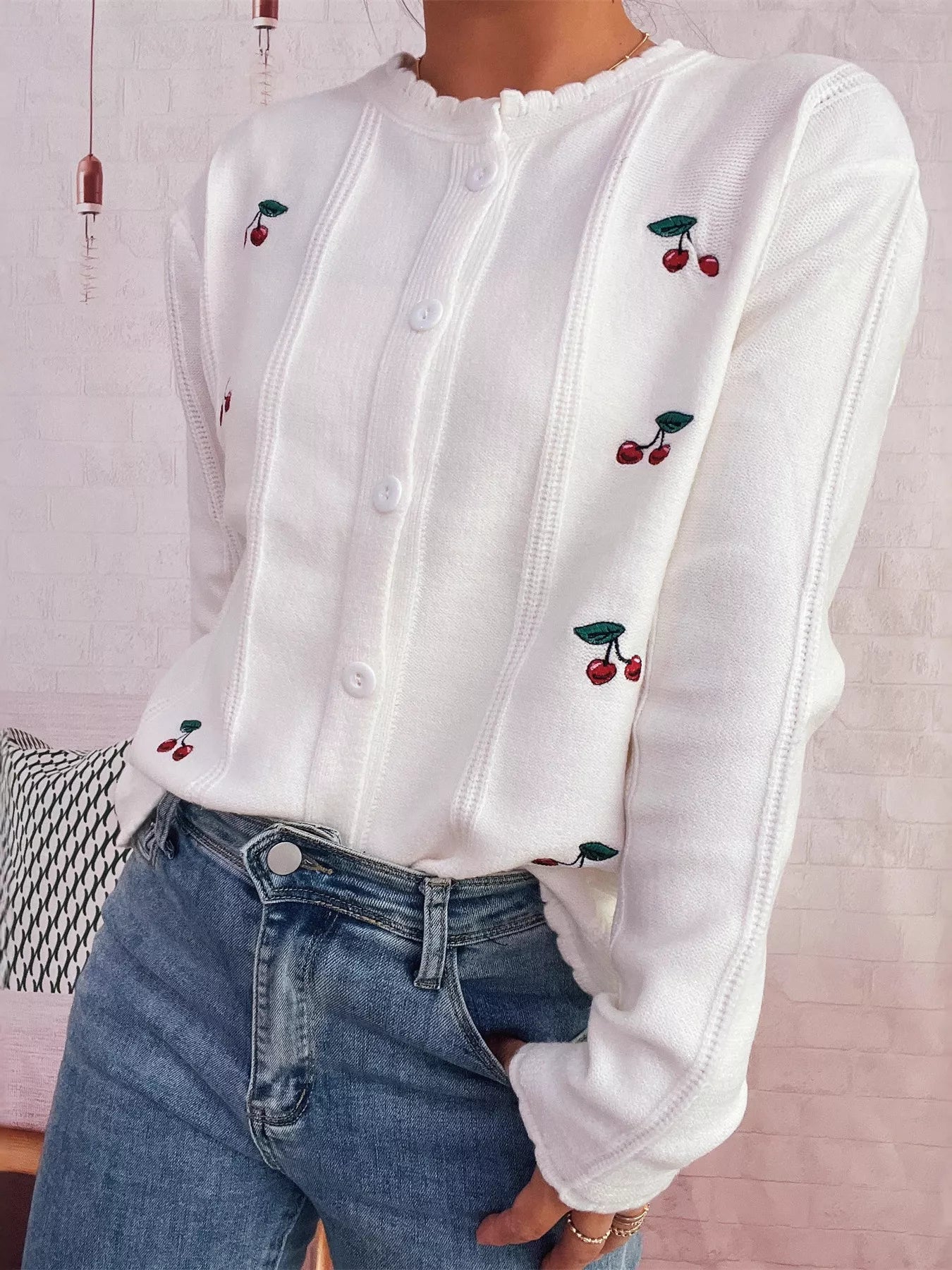 Cherry Embroidered Button Up Cardigan