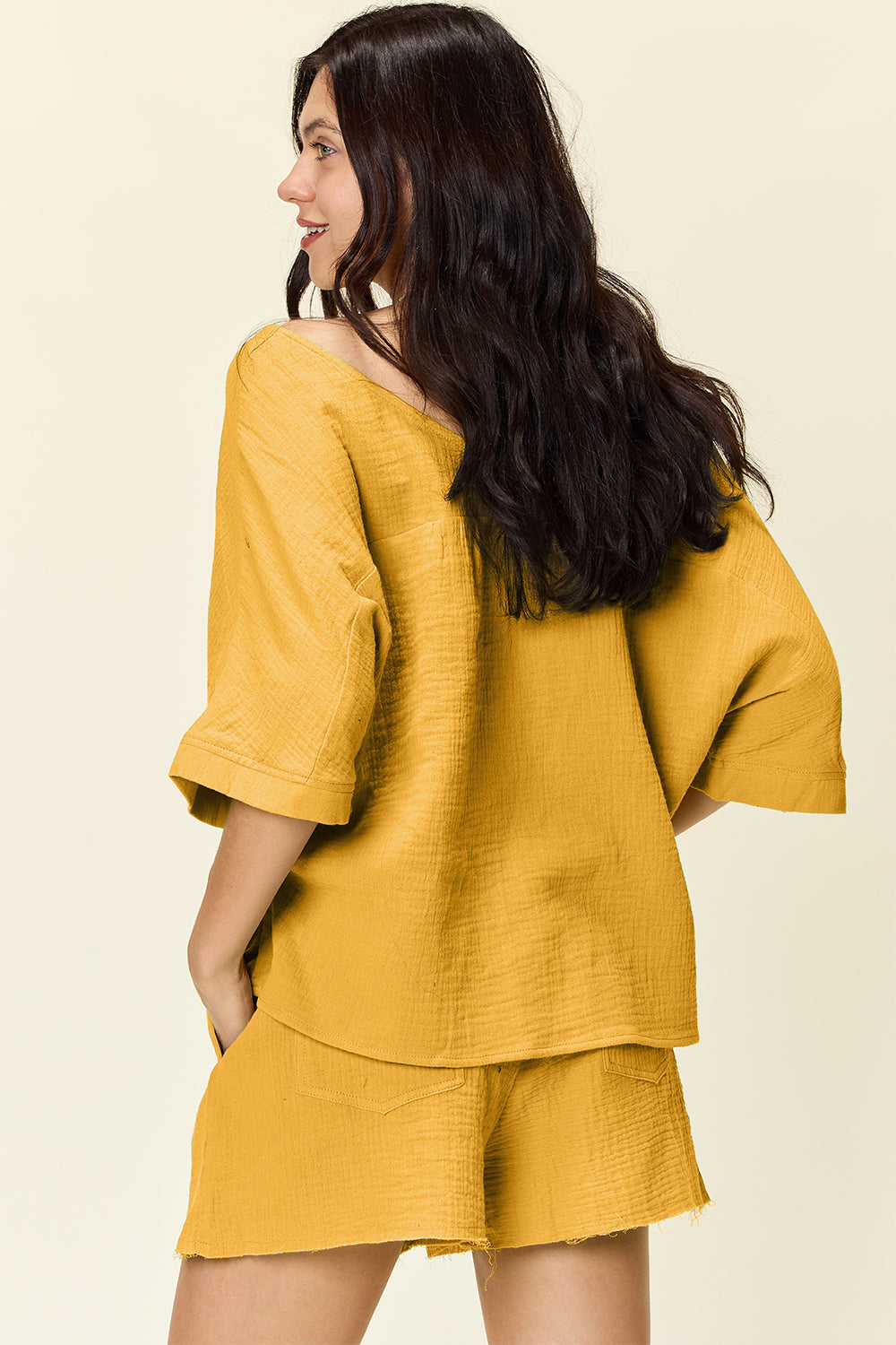 Textured Cotton T-Shirt and Drawstring Shorts Set