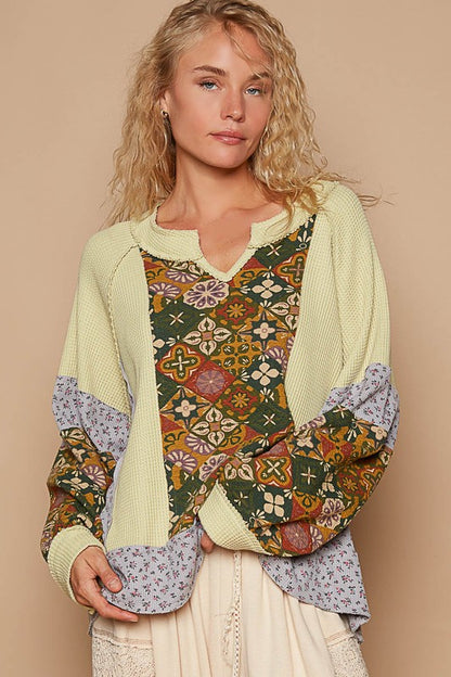 POL Exposed Seam Printed Notched Raglan Sleeve Knit Top Yellow Green