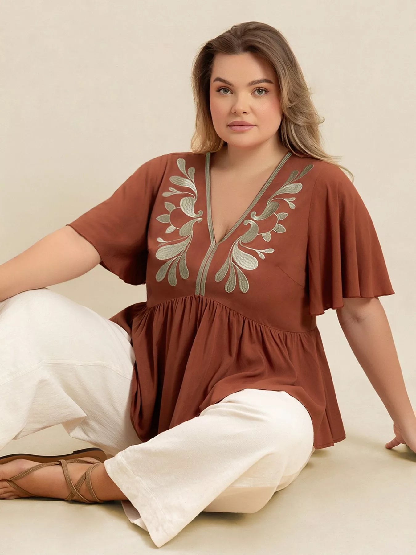 Plus Size Embroidered V-Neck Flutter Sleeve Blouse